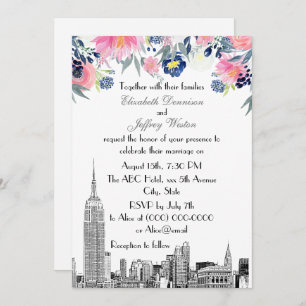 NYC Skyline ESB Etch Pink Blue Floral Wedding Kaart