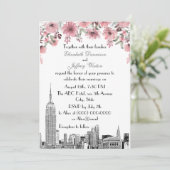 NYC Skyline ESB Etch Pink Floral Wedding Kaart (Staand voorkant)