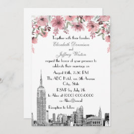 NYC Skyline ESB Etch Pink Floral Wedding Kaart