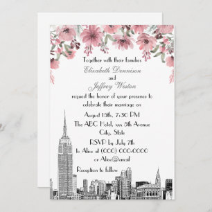 NYC Skyline ESB Etch Pink Floral Wedding Kaart