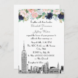 NYC Skyline ESB Etch Pink Wholet Blue Gold Floral Kaart