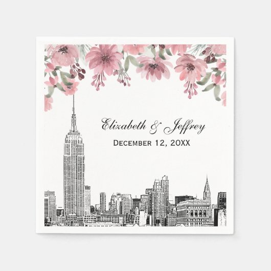 NYC Skyline ESB Etch Roze Bloemen Waterverf Servet (Voorkant)