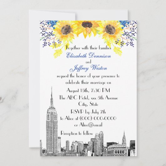 NYC Skyline ESB Etch Zonnebloem #2 Bloemen Huwelij Kaart (Voorkant)