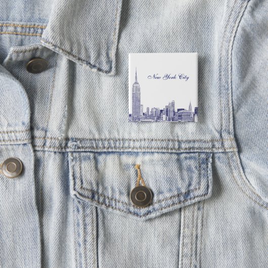 NYC Skyline Etched 01 Blue Vierkante Button 5,1 Cm (In situ)