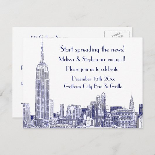 NYC Skyline Etched 01 Engagement Party Blue Uitnodiging Briefkaart (Voorkant / Achterkant)