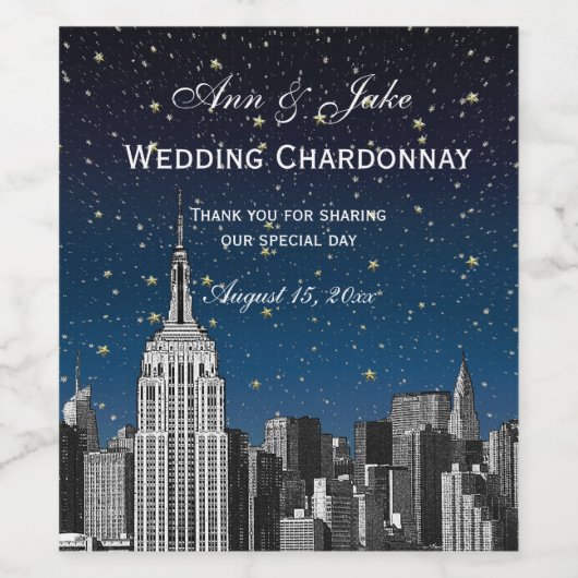 NYC Skyline Etched #2 Starry Blue Gradient BG Wijn Etiket (Enkel label)