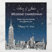 NYC Skyline Etched Starry Blue Gradient BG Wijn Etiket (Enkel label)