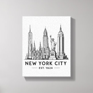 NYC Skyline Illustration with Statue of Liberty Canvas Afdruk