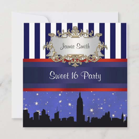 NYC Skyline Sil Blue Sky2 Blue Wht Streep Sweet 16 Kaart (Voorkant)