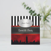 NYC Skyline Sil Red Sky Blk Wht Stripe P Sweet 16 Kaart (Staand voorkant)