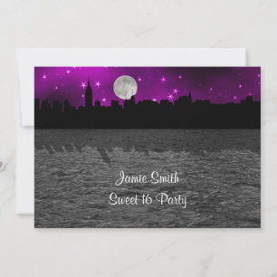 NYC Skyline Silhouette Moon Paars Sweet 16 Kaart