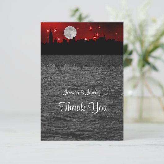 NYC Skyline Silhouette Moon Rood Dank u Bedankkaart (Staand voorkant)