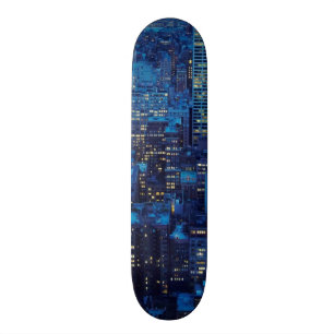 NYC Skyline, uitzicht met hoge hoek bij schemering Skateboard