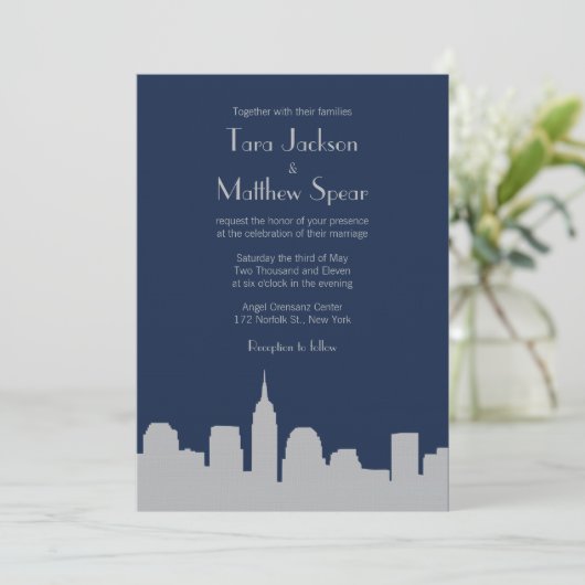 NYC Skyline Wedding Invitation - Navy / Silver Kaart (Staand voorkant)