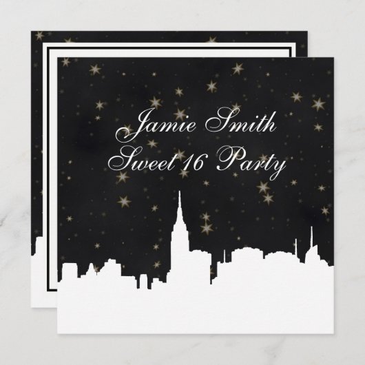NYC Skyline Wht Silhouet Blk Gold Star Sweet 16 Kaart (Voorkant / Achterkant)