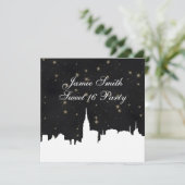 NYC Skyline Wht Silhouet Blk Gold Star Sweet 16 Kaart (Staand voorkant)