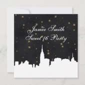 NYC Skyline Wht Silhouet Blk Gold Star Sweet 16 Kaart (Voorkant)