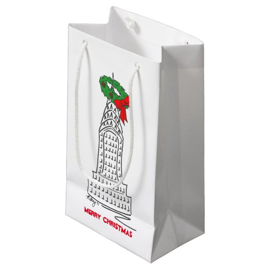 NYC Skyscraper Wreath Merry KerstNew York Klein Cadeauzakje (Voorkant Gekanteld)