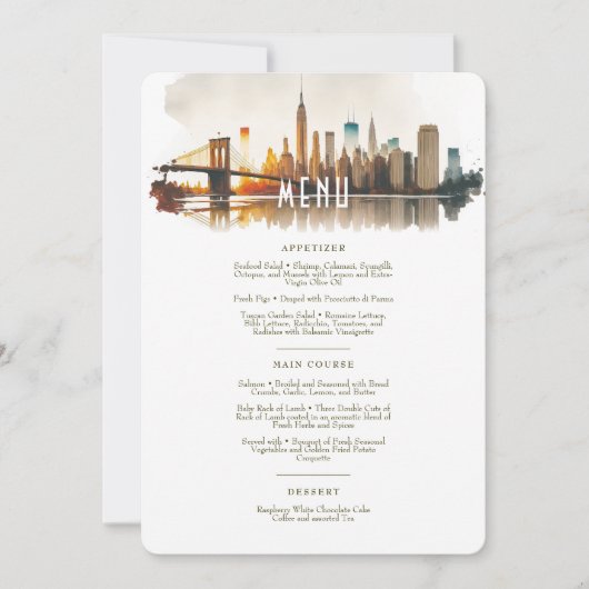 NYC Sundown Skyline Waterverf Bruiloft Menu Kaart (Voorkant)