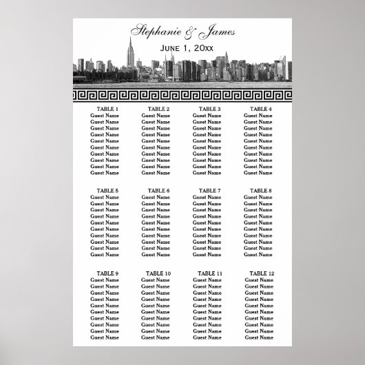 NYC Wide Skyline Etched BW Black Greek Key S Poster (Voorkant)