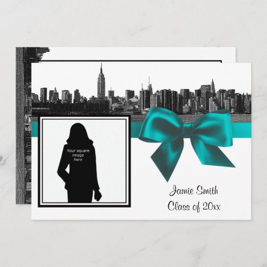 NYC Wide Skyline Etched BW Blauwgroen Afstuderen F Kaart (Voorkant / Achterkant)