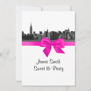 NYC Wide Skyline Etched BW Hot Pink Sweet 16 Kaart