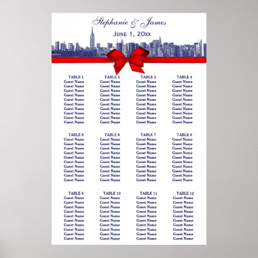 NYC Wide Skyline Etched BW Red Bow Blue Poster (Voorkant)