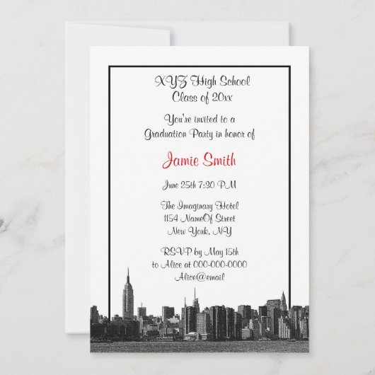 NYC Wide Skyline Etched BW Red Photo Afstuderen Kaart (Achterkant)