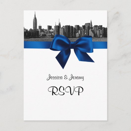 NYC Wide Skyline Etched BW Royal Blue RSVP 1 Uitnodiging Briefkaart (Voorkant)