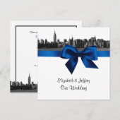 NYC Wide Skyline Etched BW Royal Blue Wedding SQ Kaart (Voorkant / Achterkant)