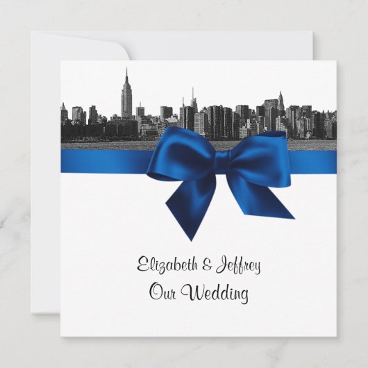 NYC Wide Skyline Etched BW Royal Blue Wedding SQ Kaart (Voorkant)