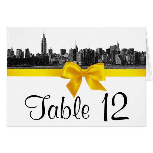 NYC Wide Skyline Etched BW Yellow Table Number (Voorkant Horizontaal)