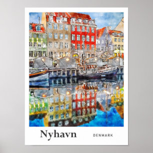 Nyhavn Denmark Travel Waterverf Hand getekend Poster