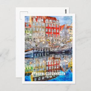Nyhavn Kopenhagen Denemarken Travel Waterverf Sket Briefkaart