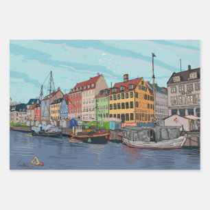 Nyhavn Kopenhagen Denmark Whimsical llustration Inpakpapier Vel