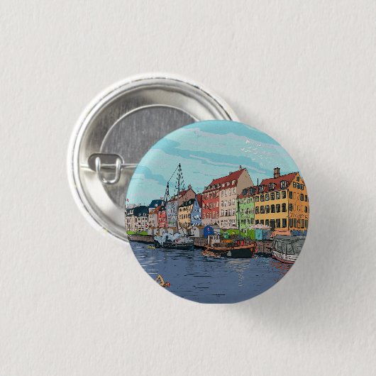 Nyhavn Kopenhagen Denmark Whimsical llustration Ronde Button 3,2 Cm (Voorkant /achterkant)