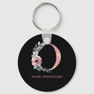 O Floral Monogram Name Letters Roze Agate Sleutelh Sleutelhanger
