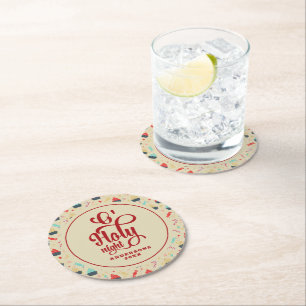 O Holly Nights Typografie & kerstpatroon Ronde Kartonnen Onderzetter