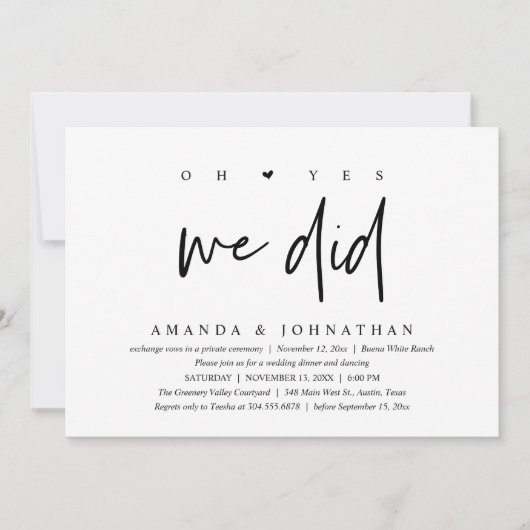 O ja, dat hebben we gedaan, Modern elopement diner Kaart (Voorkant)