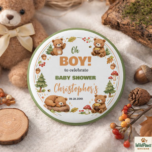 O Jongen Aquarel Bos Beer Baby Shower Ronde Button 3,2 Cm