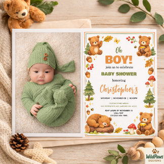 O Jongen Aquarel Woud Beer Baby Shower Kaart