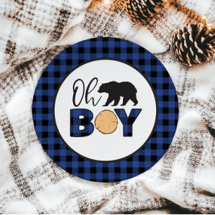 O jongen beer blauw Buffalo geruite baby shower Papieren Bordje