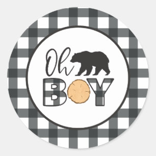 O jongen beer zwart Buffalo geruite baby shower Ronde Sticker