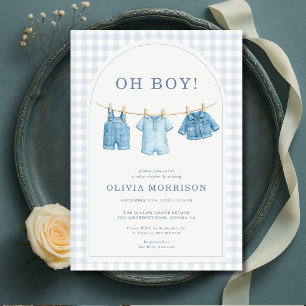 O jongen blauwe spijker waslijn baby shower kaart