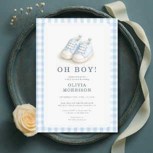 O Jongen Gingham Blauwe Schoenen Baby Shower Kaart