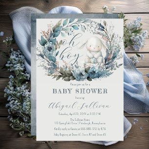 O jongen konijn blauwe bloemenkrans baby shower kaart