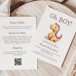 O Jongen Oranje Paarse Dinosaur QR Code Babyfeestj Kaart