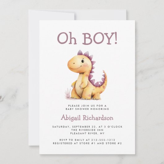 O Jongen Oranje Paarse Dinosaur QR Code Babyfeestj Kaart (Voorkant)