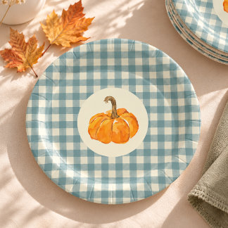 O jongen pompoen blauw geruit vintage baby shower papieren bordje
