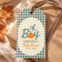O jongen pompoen blauwe gingham baby shower